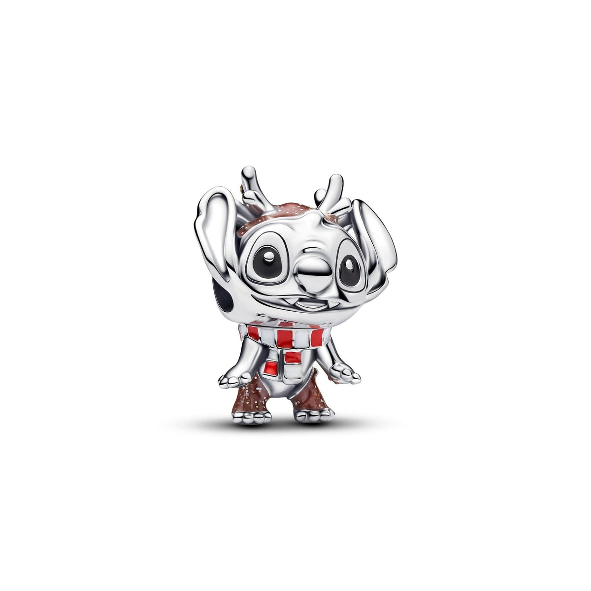 Pandora hopeinen Stitch poroasuinen hela, edestä näkyvät suuret silmät, sarvet ja punaiset yksityiskohdat