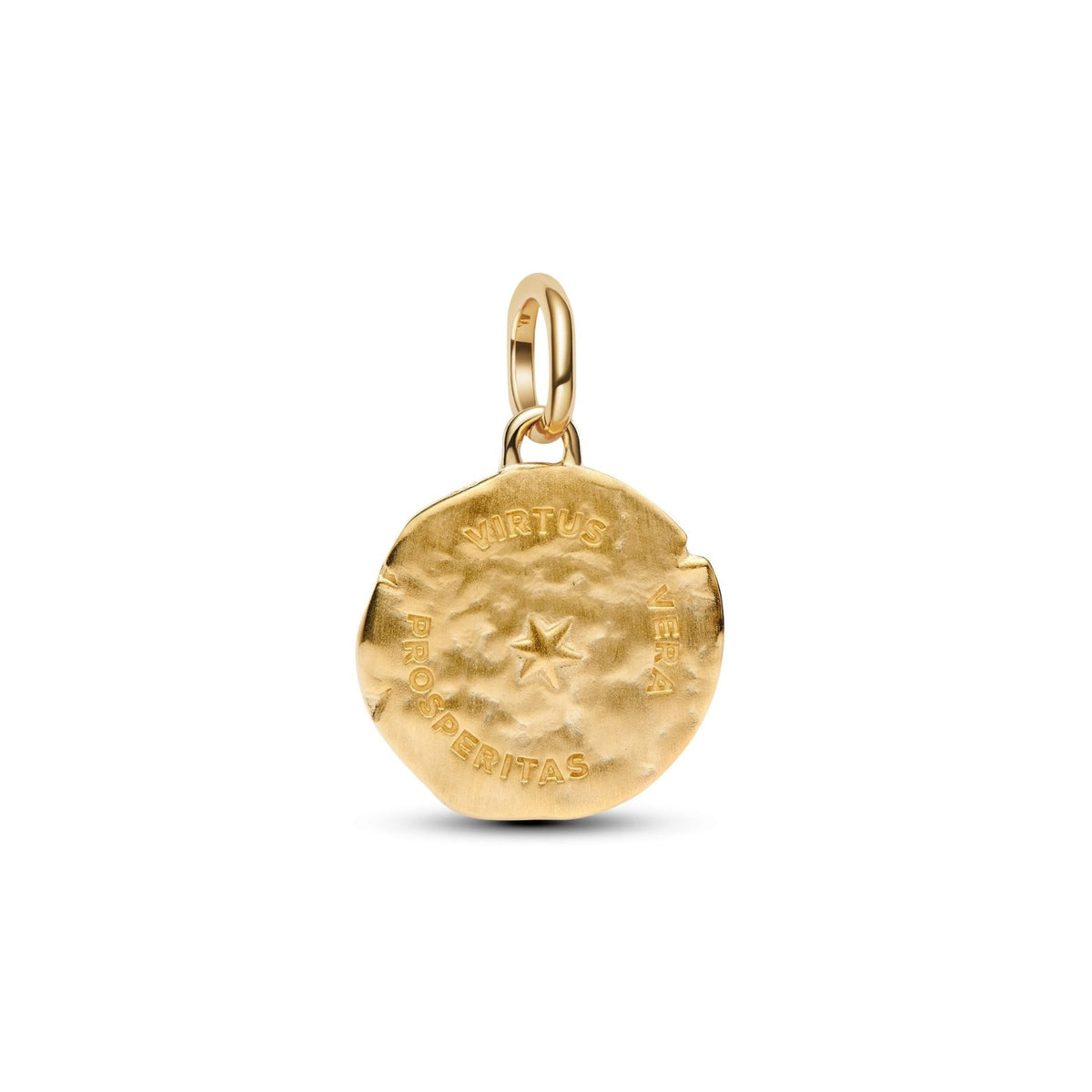 Pandora keltakullattu medallion-hela, jossa kohokuvioitu tähti ja teksti sekä ripustuslenkki.
