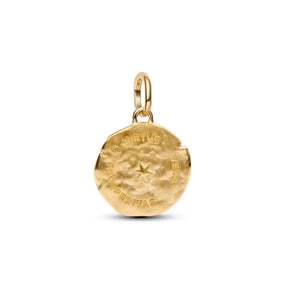 Pandora keltakullattu medallion-hela, jossa kohokuvioitu tähti ja teksti sekä ripustuslenkki.