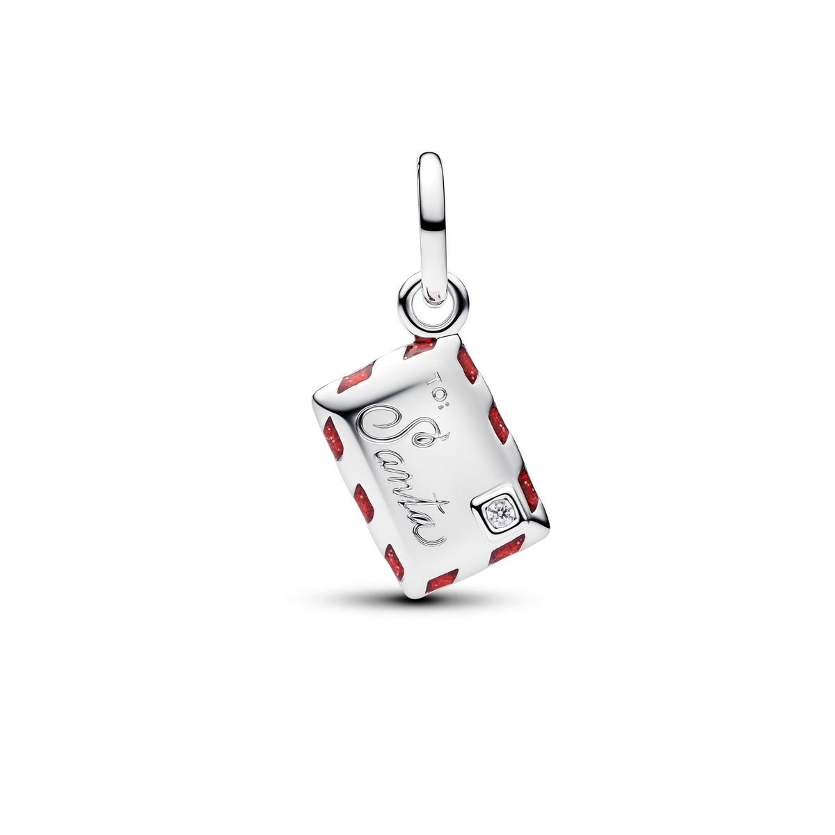 Pandora hopeinen Santa Letter Dangle hela, jossa lukee to Santa ja jota koristavat punaiset yksityiskohdat.