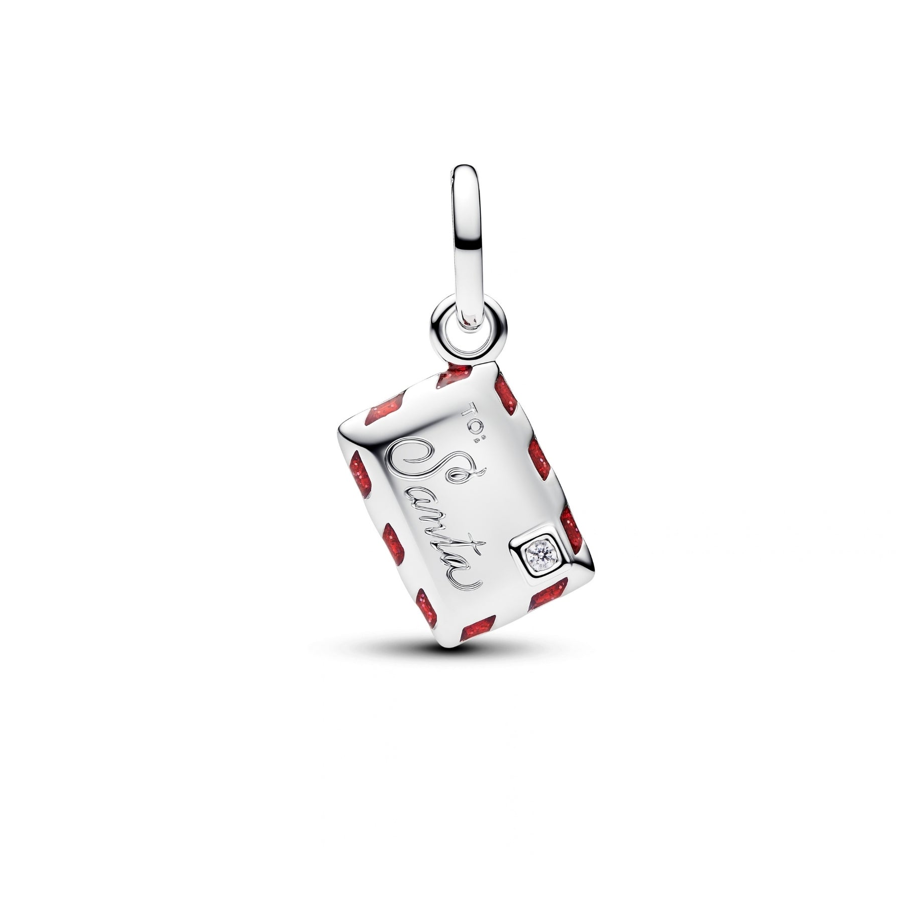 Pandora hopeinen Santa Letter Dangle hela, jossa lukee to Santa ja jota koristavat punaiset yksityiskohdat.