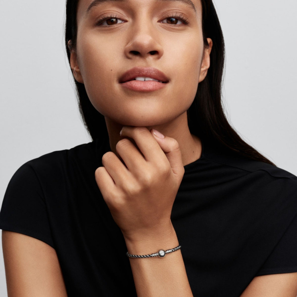 Pandora Moments Black Cord Box Chain rannekoru, hopeaa, 593816C02