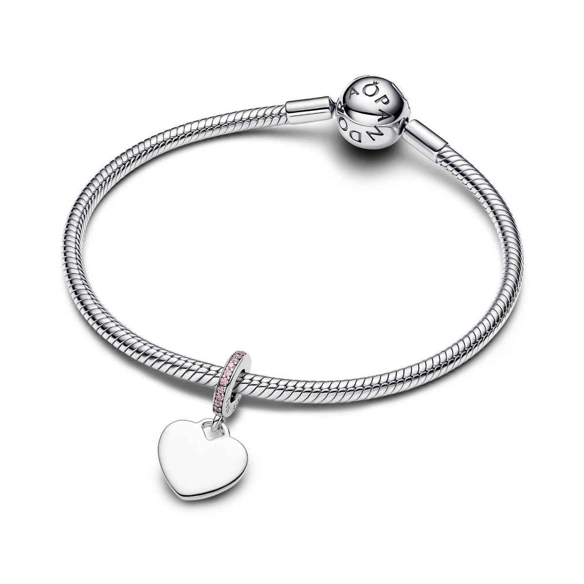 Pandora Moments Engravable Heart Pink Stone Dangle riipus, hopea, 793926C02