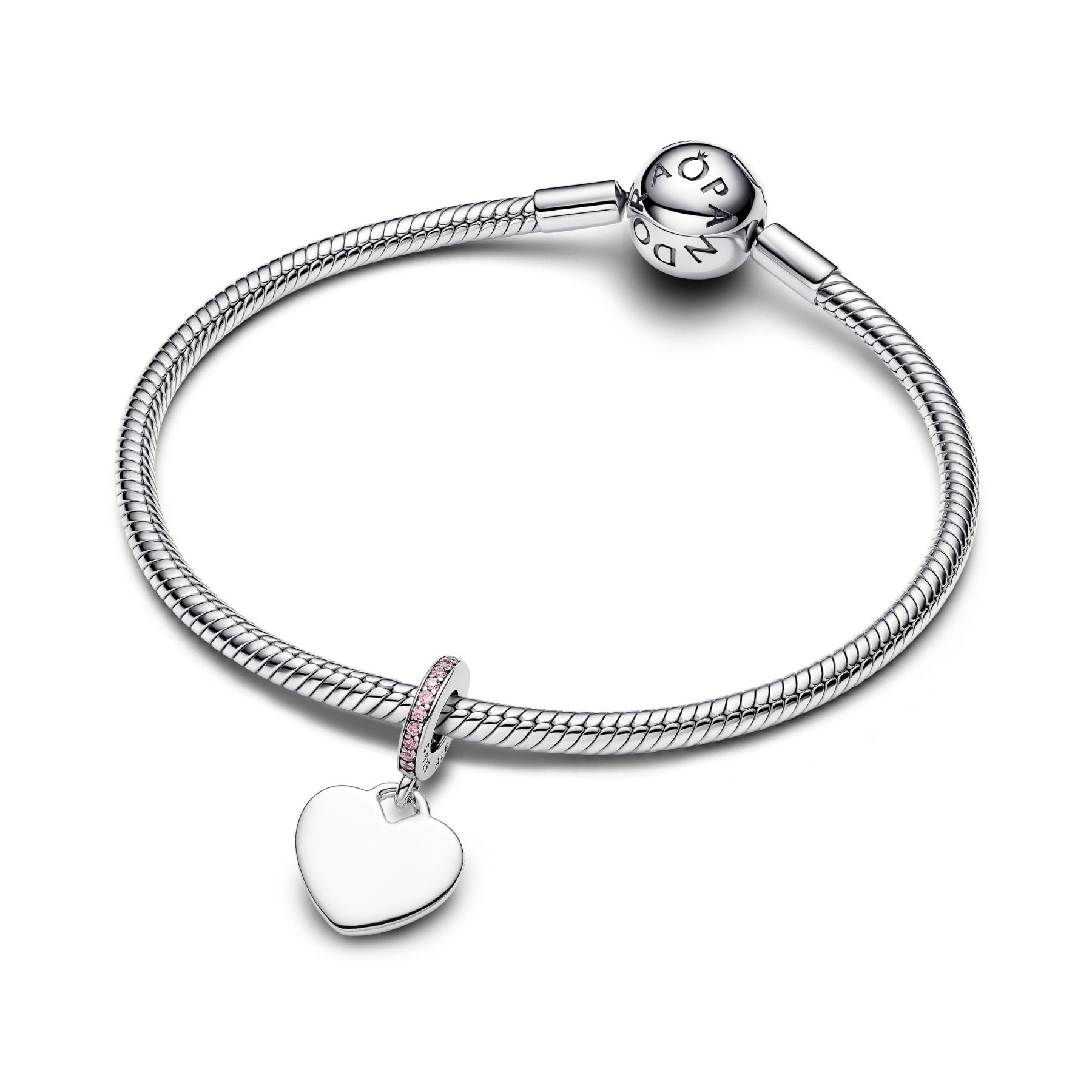 Pandora Moments Engravable Heart Pink Stone Dangle riipus, hopea, 793926C02
