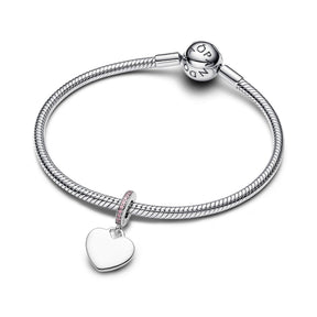 Pandora Moments Engravable Heart Pink Stone Dangle riipus, hopea, 793926C02