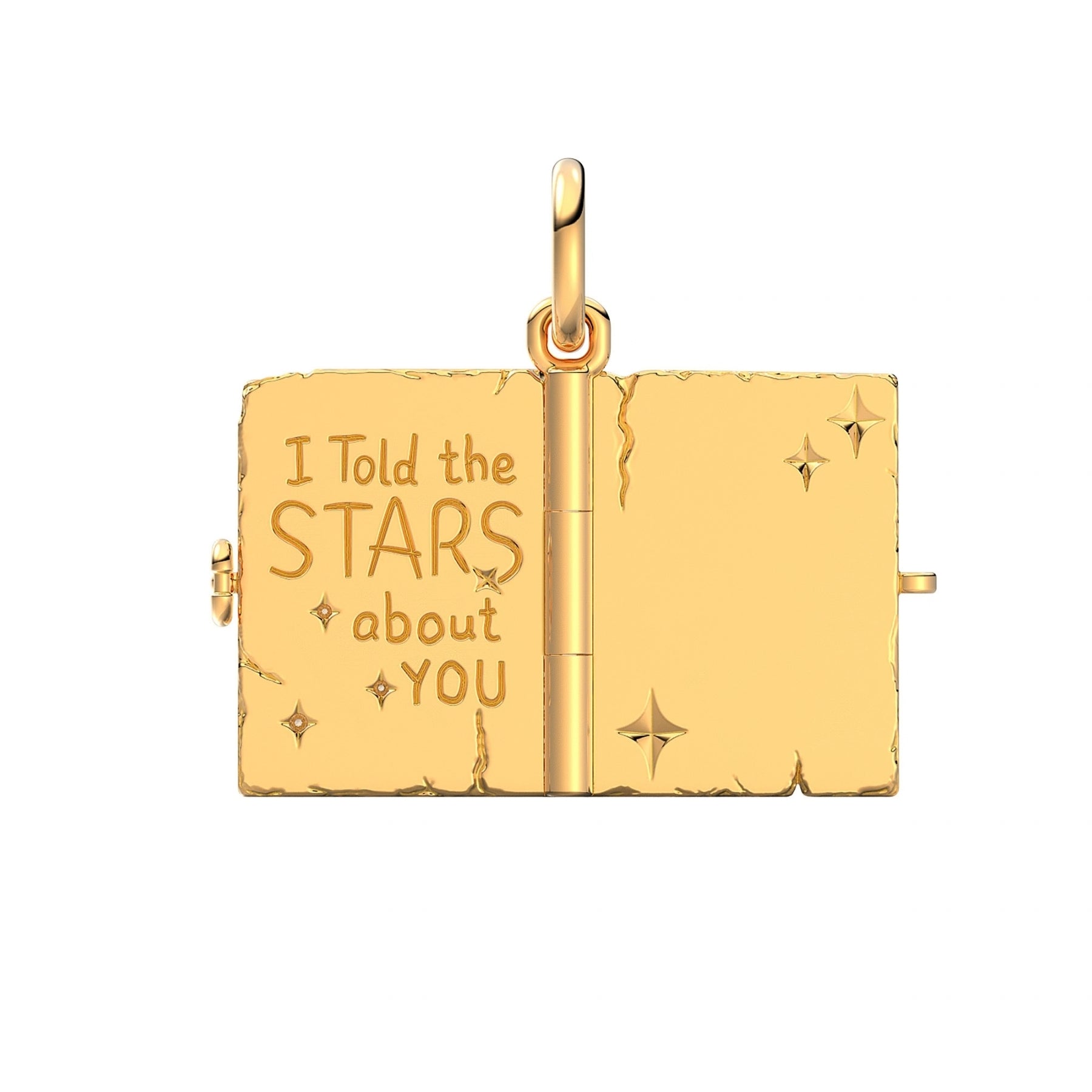 Kultainen avattava riipus, jonka sisäpinnassa lukee I Told the Stars about You ja on tähtikoristeita