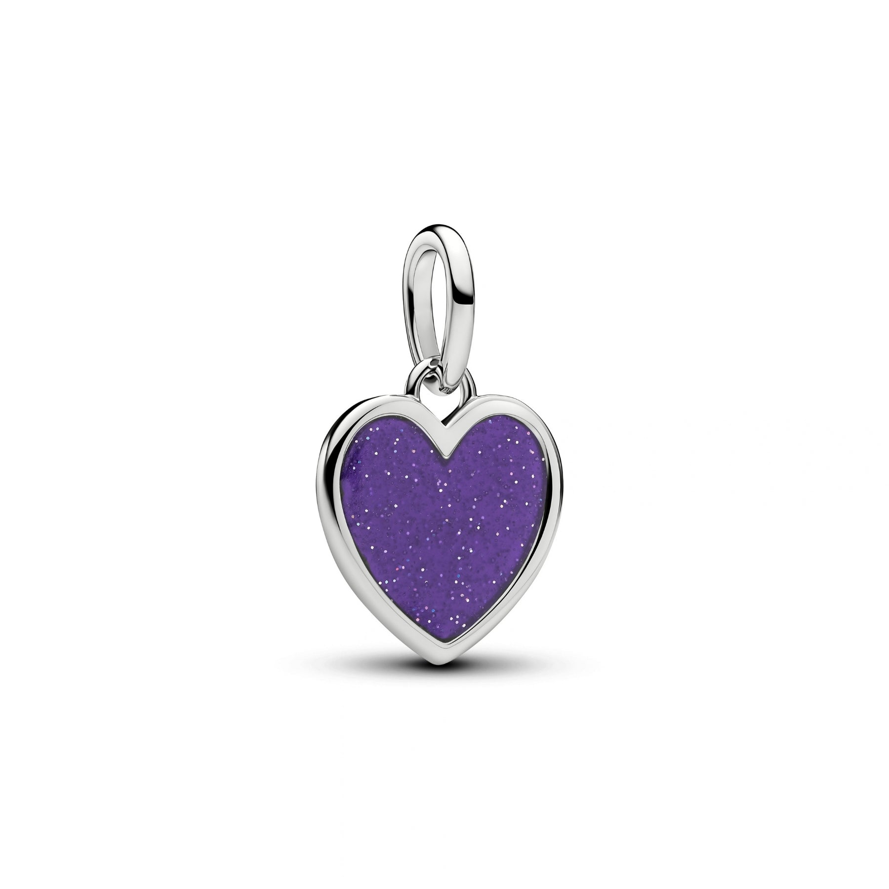Pandora Moments violetti sydämenmuotoinen riipushela kimaltavalla emalipinnalla ja platinapinnoitetulla korumetallilla
