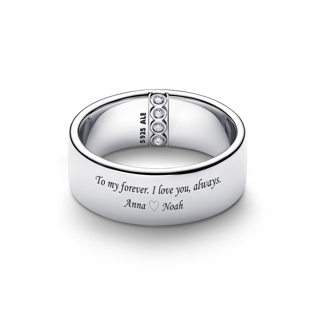 Pandora hopeinen leveä sormus, ulkopinnalla kaiverrus To my forever. I love you, always. Anna ja Noah sekä sydänkoriste