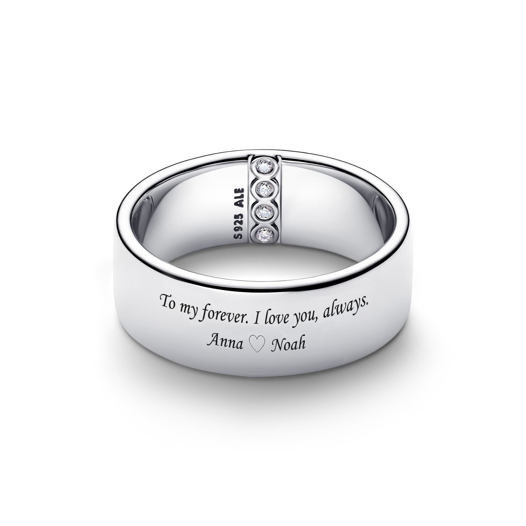 Pandora hopeinen leveä sormus, ulkopinnalla kaiverrus To my forever. I love you, always. Anna ja Noah sekä sydänkoriste