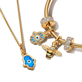 Pandora Moments Opalescent Blue Hamsa Hand hela, keltakullattu, 762699C01