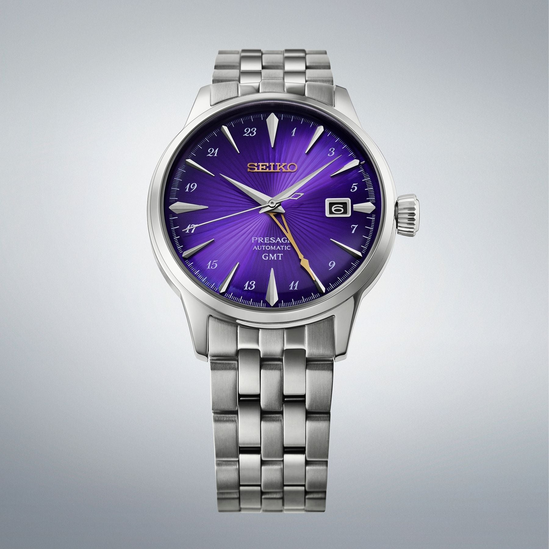 Seiko Presage automaattinen miesten rannekello violetti kellotaulu teräsranneke GMT ja päivämääränäyttö