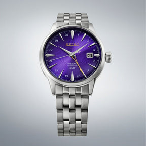 Seiko Presage automaattinen miesten rannekello violetti kellotaulu teräsranneke GMT ja päivämääränäyttö