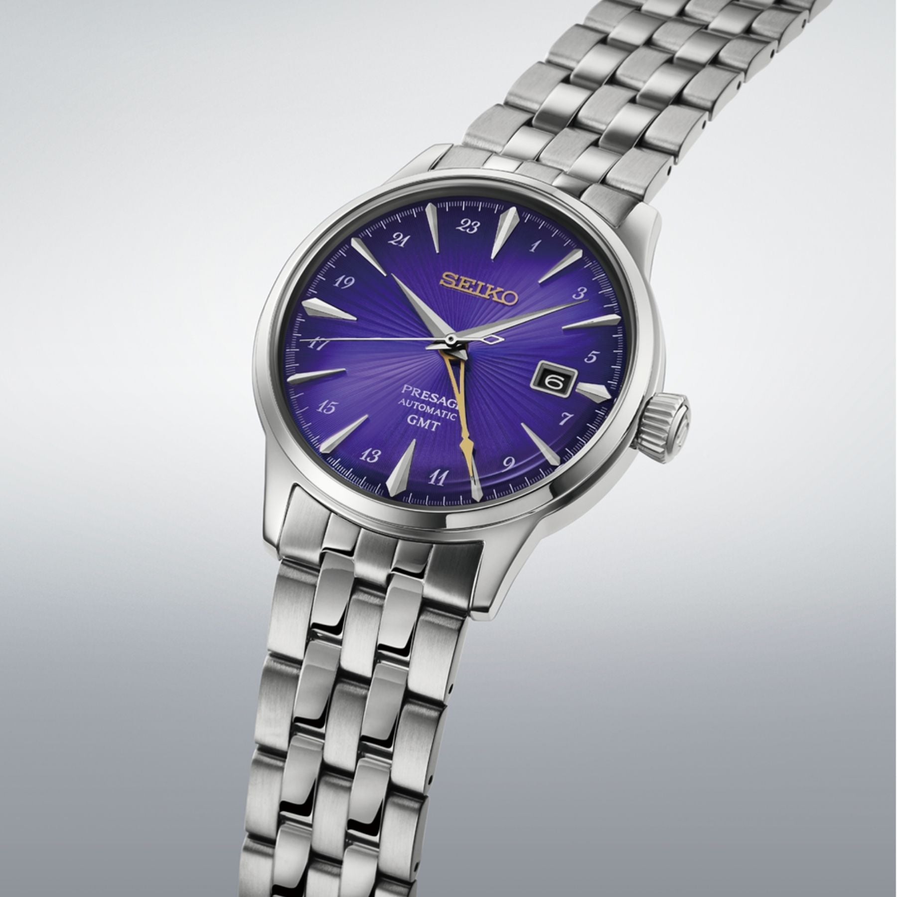 Seiko Presage miesten automaattinen GMT rannekello, säteilevä Edo-purppura kellotaulu ja teräsranneke