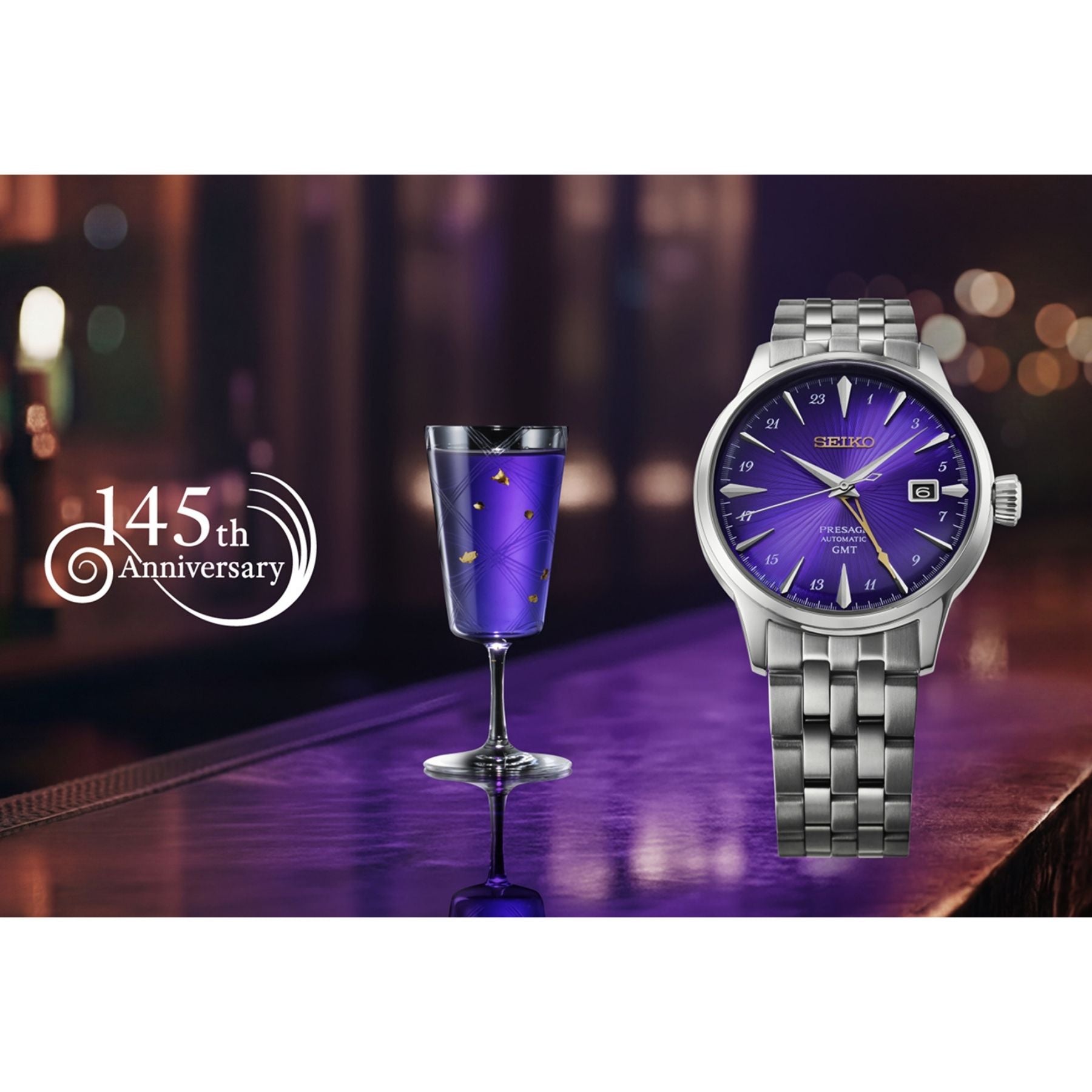 Seiko Presage automaattinen rannekello violetilla kellotaululla ja teräsrannekkeella 145-vuotisjuhlan asetelmassa