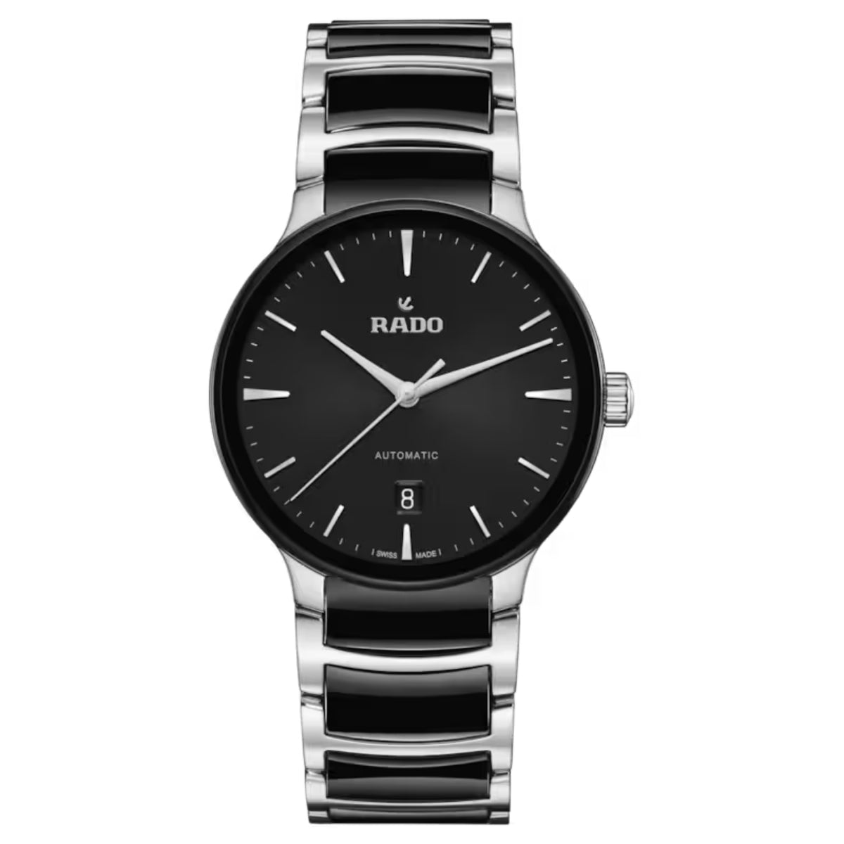 Rado automaattinen rannekello mustalla kellotaululla, hopeanvärisillä yksityiskohdilla ja kaksisävyisellä rannekkeella