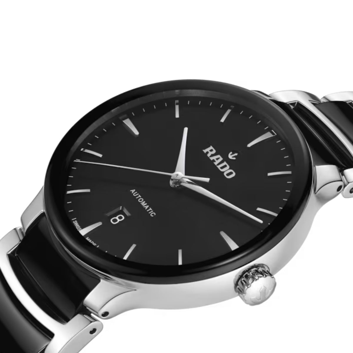 Rado automaattinen rannekello mustalla kellotaululla, mustalla ja teräksenvärisellä rannekkeella sekä päivämääränäytöllä