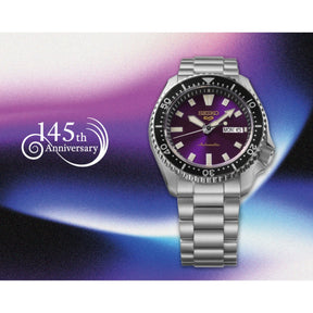 Seiko automaattinen rannekello violetilla kellotaululla ja teräsrannekkeella 145-vuotisjuhlan kunniaksi