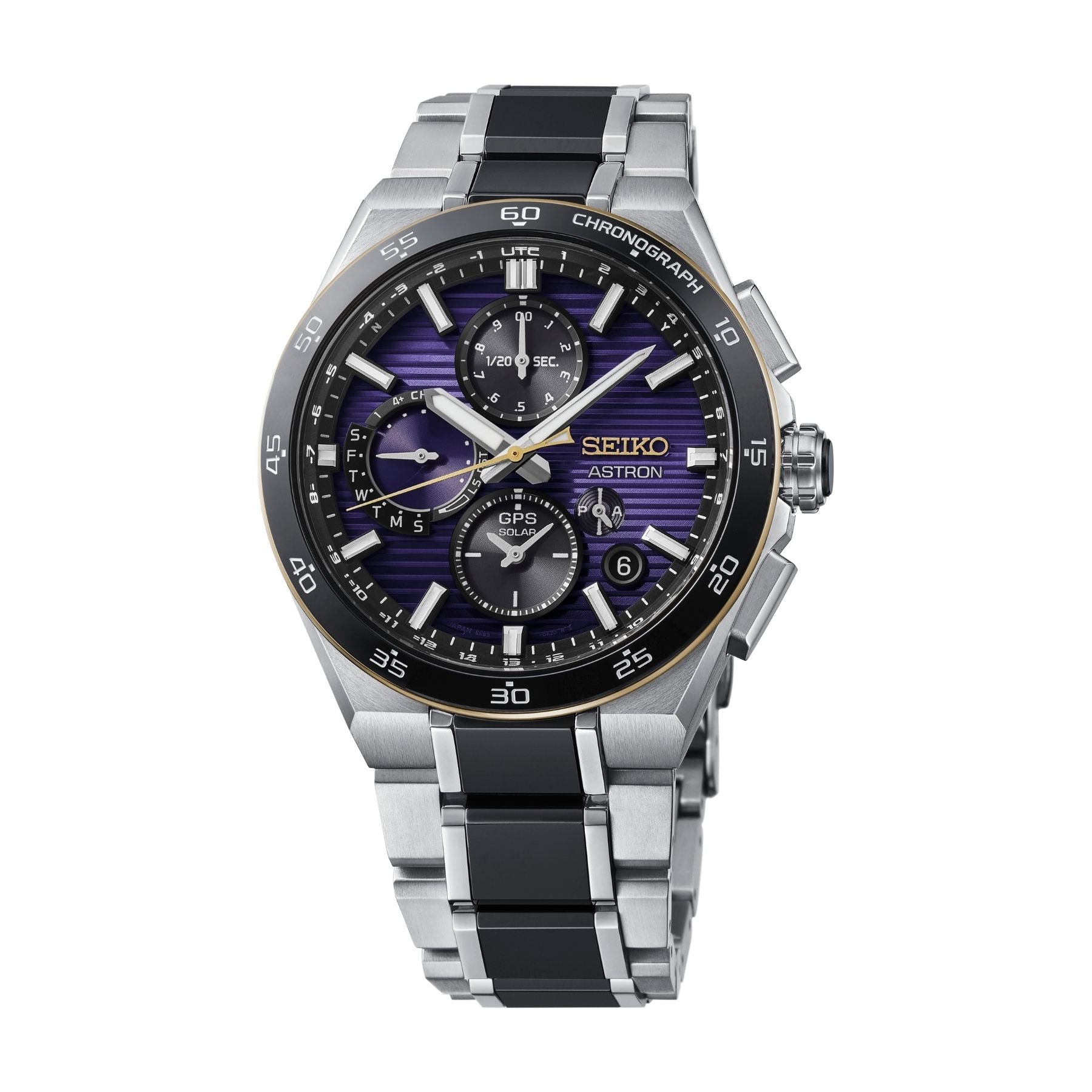 Seiko Astron GPS Solar miesten rannekello mustalla ja violetilla kellotaululla sekä teräsrannekkeella, etunäkymä kroonografilla