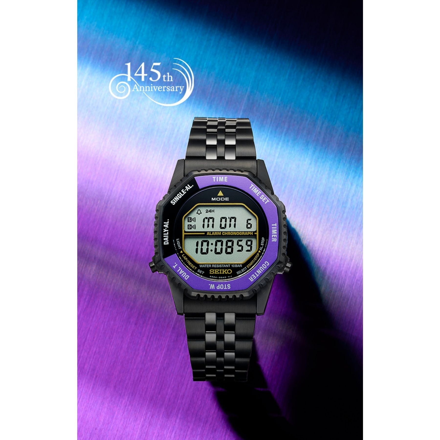 Seiko digitaalinen miesten rannekello mustalla metallirannekkeella ja purppuran sävyisellä näytöllä 145-vuotisjuhlan kunniaksi