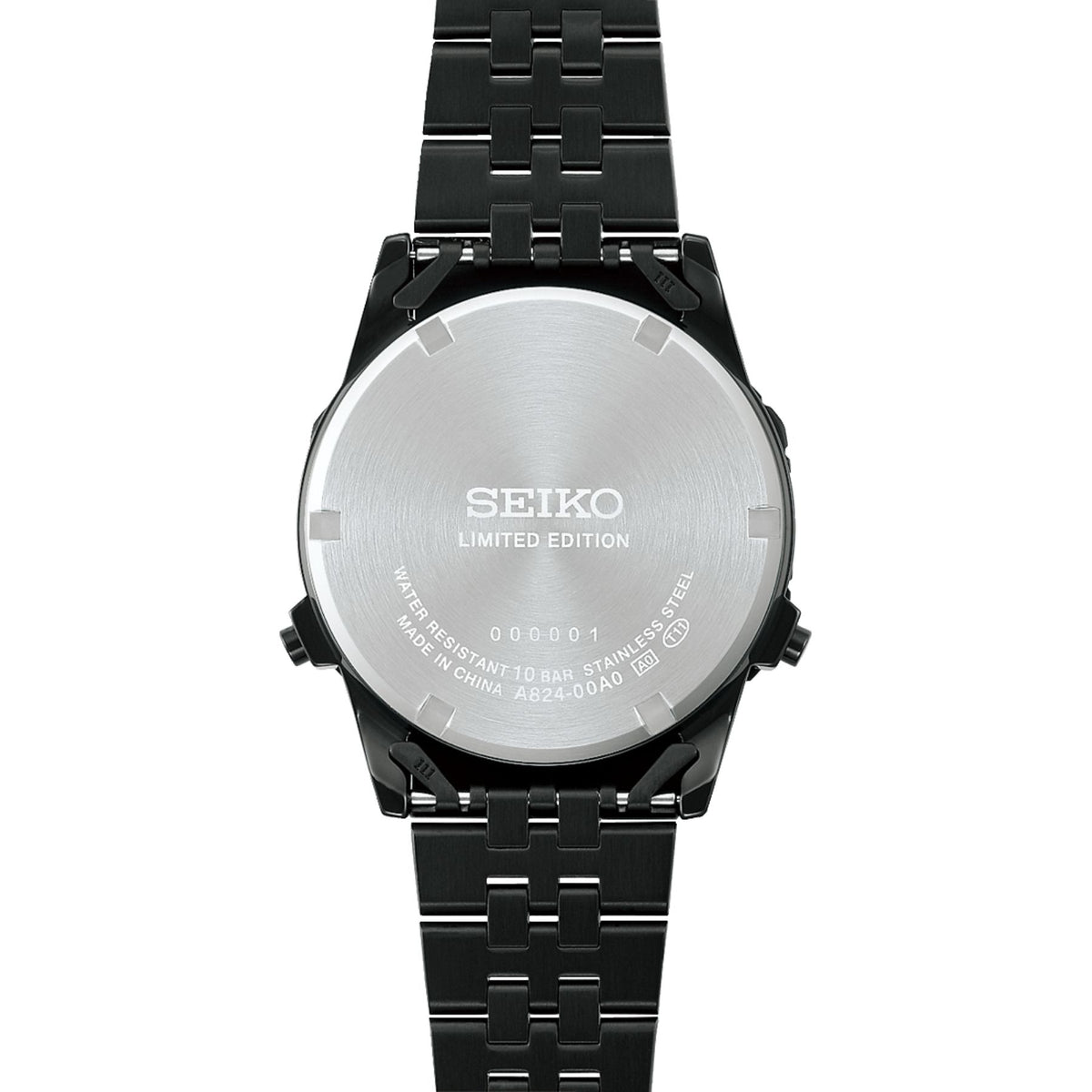 Seiko rannekellon takapuoli, harjattu teräksinen takakansi ja musta metalliranneke, Limited Edition merkintä näkyy keskellä