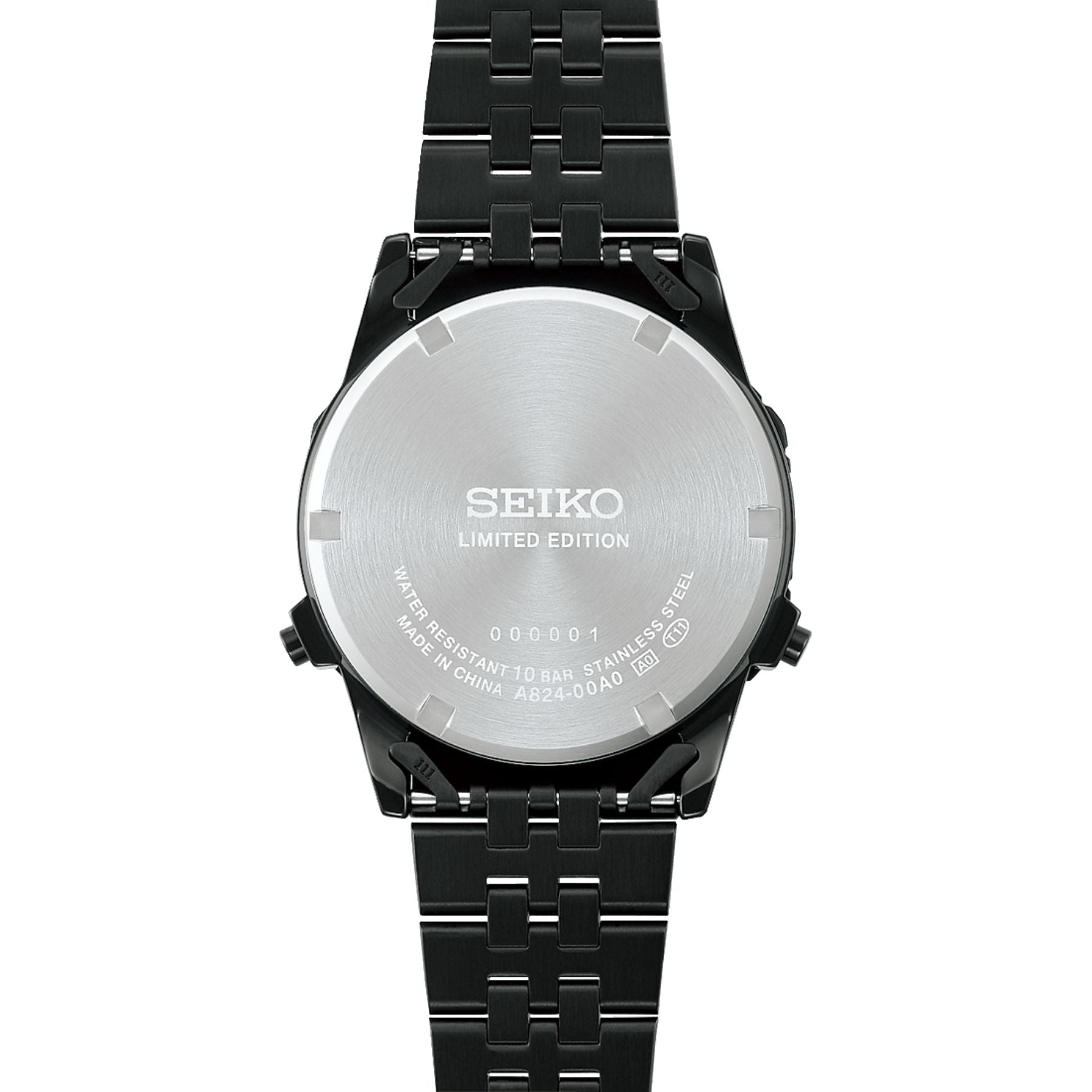 Seiko rannekellon takapuoli, harjattu teräksinen takakansi ja musta metalliranneke, Limited Edition merkintä näkyy keskellä