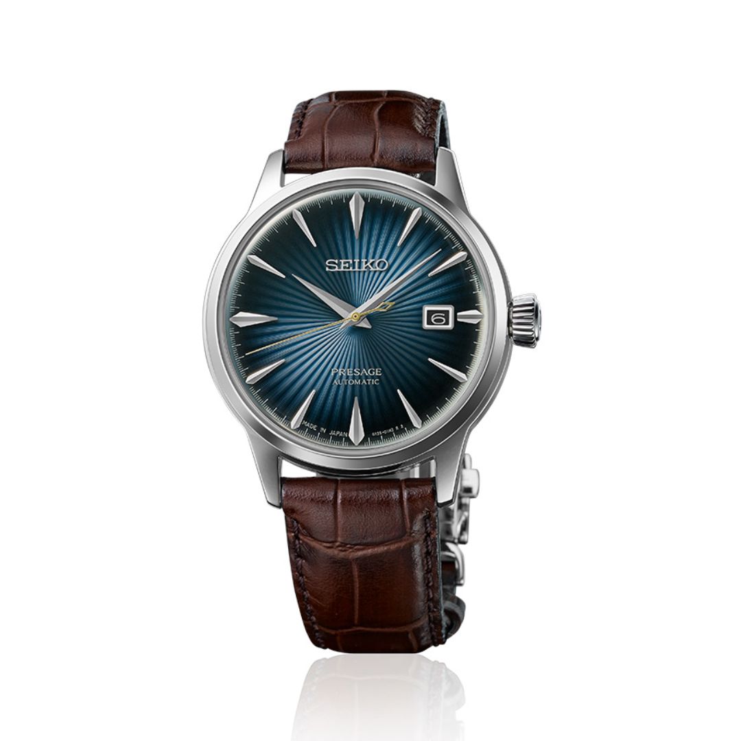 Seiko Presage Cocktail Time SRPK15J1 rannekello tummansinisellä kellotaululla