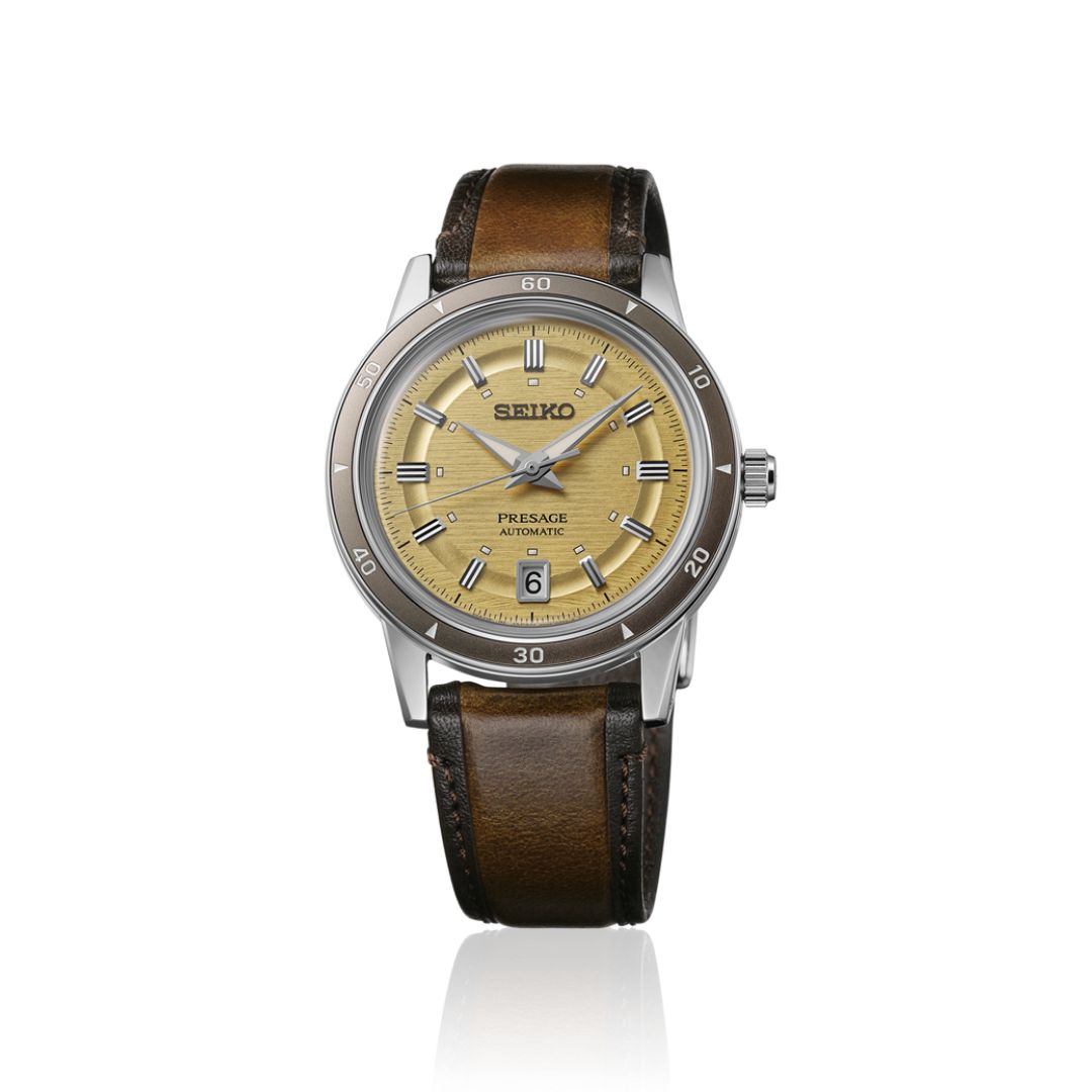 Seiko Presage SRPL75J1 Style 60's rannekello ruskealla nahkarannekkeella
