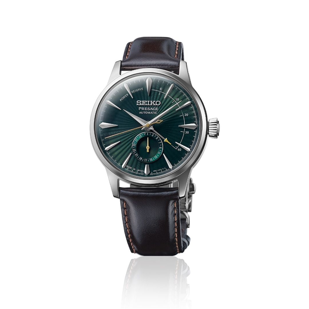Seiko Presage SSA459J1 Cocktail Time rannekello vihreällä kellotaululla