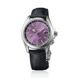 Seiko Prospex miesten rannekello purppuranvärisellä kellotaululla mustalla nahkarannekkeella ja päivämääränäytöllä