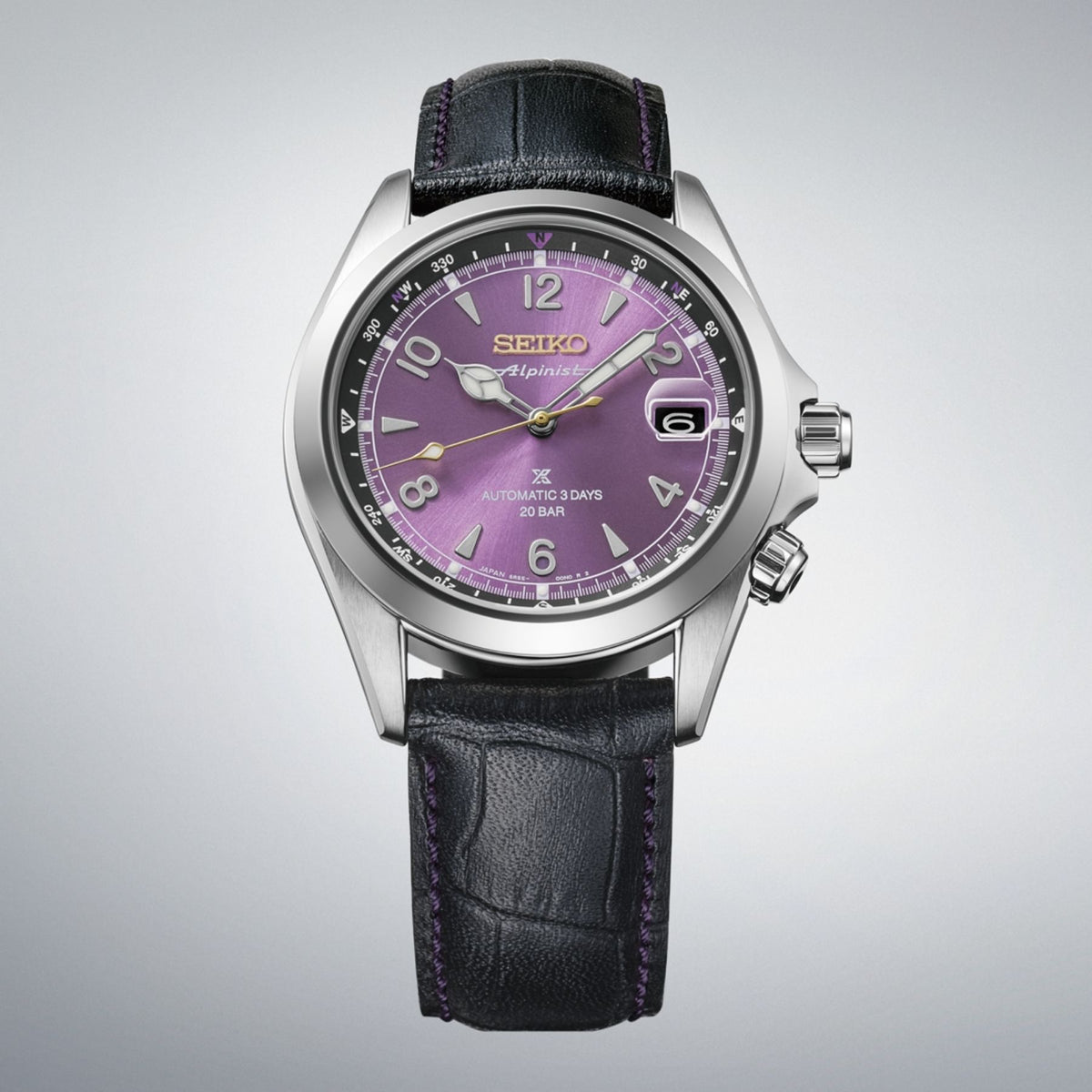 Seiko Prospex miesten automaattinen rannekello purppuralla kellotaululla ja mustalla nahkarannekkeella