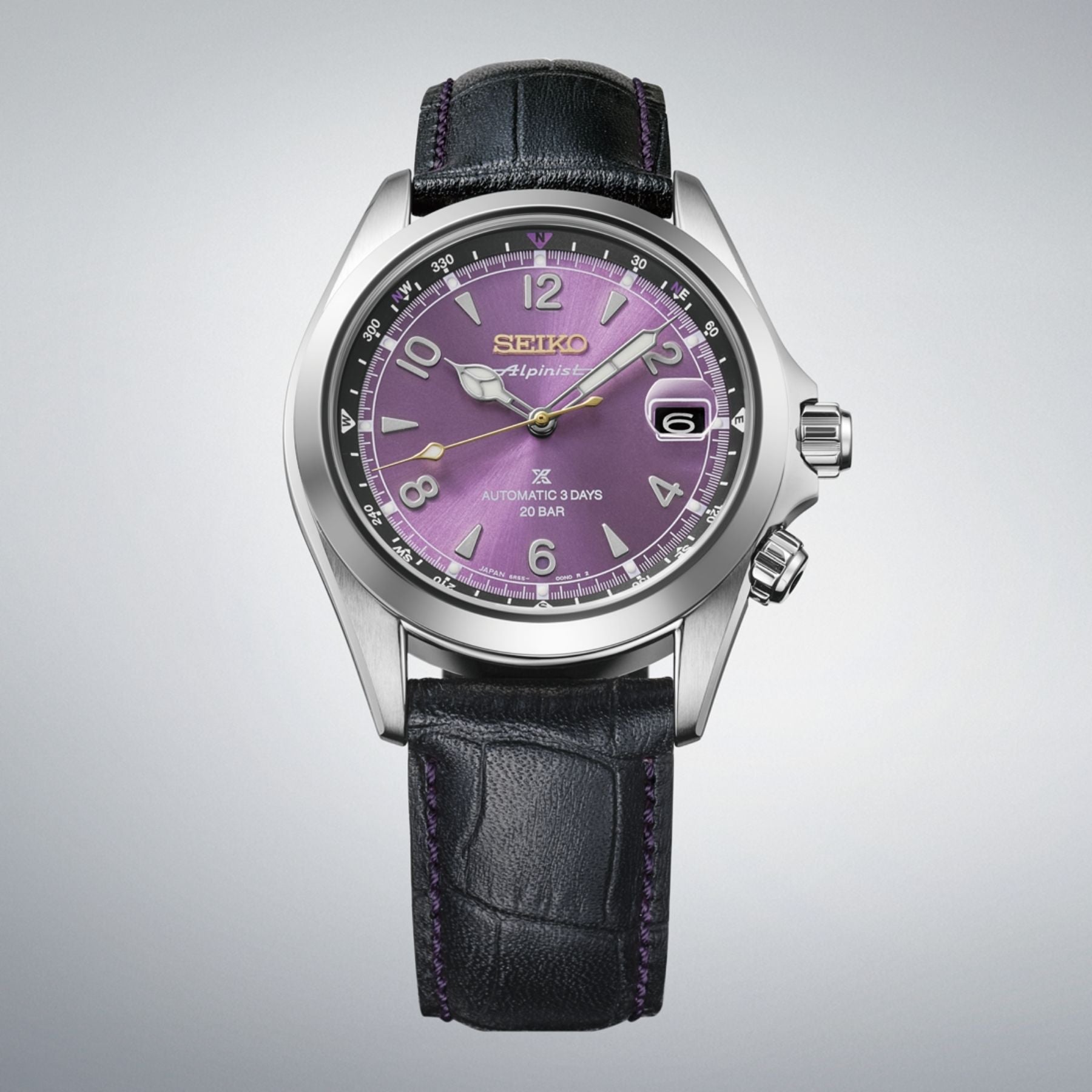 Seiko Prospex miesten automaattinen rannekello purppuralla kellotaululla ja mustalla nahkarannekkeella