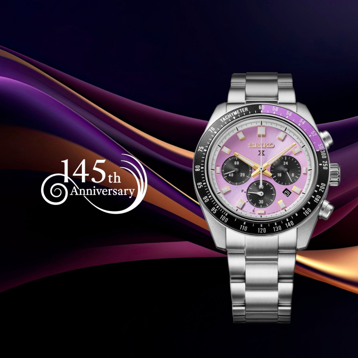 Seiko Prospex Speedtimer miesten rannekello etupuolelta violetti kellotaulu teräsranneke ja ajanottotoiminnot 145-vuotisjuhlamalli