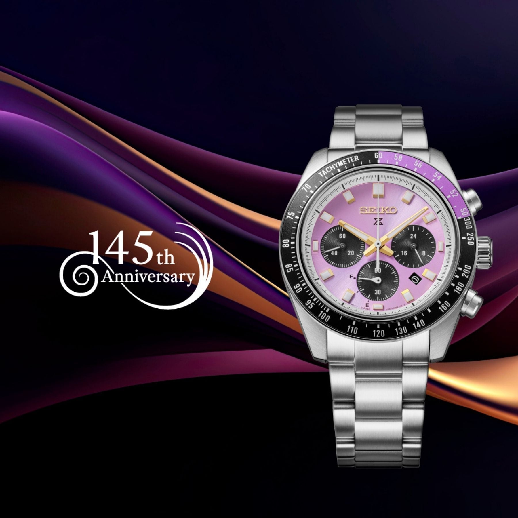 Seiko Prospex Speedtimer miesten rannekello etupuolelta violetti kellotaulu teräsranneke ja ajanottotoiminnot 145-vuotisjuhlamalli