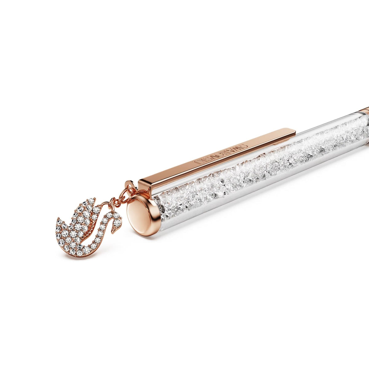 Swarovski Crystalline kuulakärkikynä rosekullansävyisellä rungolla, kirkkailla kristalleilla ja joutsenriipuksella.