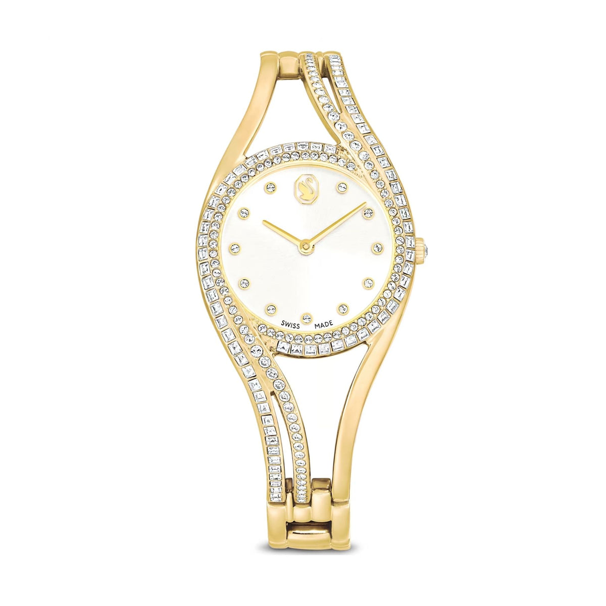 Swarovski keltakullattu bangle-rannekello, valkoinen kellotaulu ja kirkkailla kristalleilla koristeltu kehys.