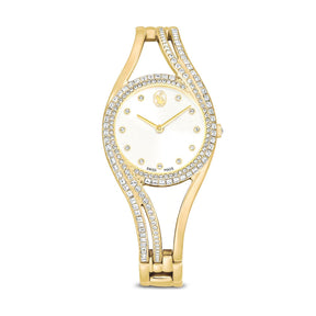 Swarovski keltakullattu bangle-rannekello, valkoinen kellotaulu ja kirkkailla kristalleilla koristeltu kehys.