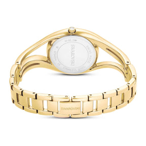 Swarovski keltakullattu bangle-rannekello takaa, teräksinen takakansi ja metalliranneke Swarovski-logolla.