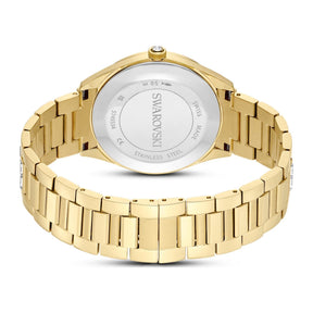 Swarovski-keltakullattu rannekello takaa päin, pyöreä teräksinen takakansi ja klassinen metalliranneke alentgold tones