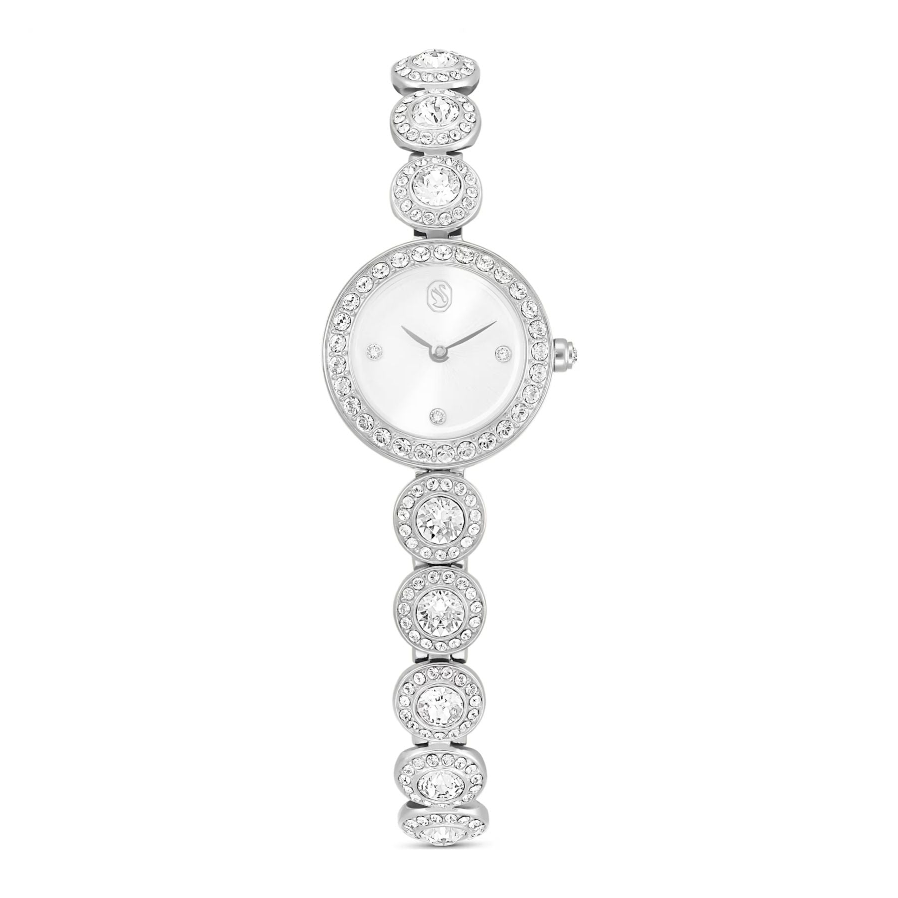 Swarovski hopeansävyinen rannekello kirkkailla kristalleilla, valkoinen kellotaulu ja kristallein koristeltu ranneke