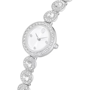 Swarovski hopeansävyinen rannekello, valkoinen kellotaulu ja säihkyvillä kristalleilla koristeltu ranneke