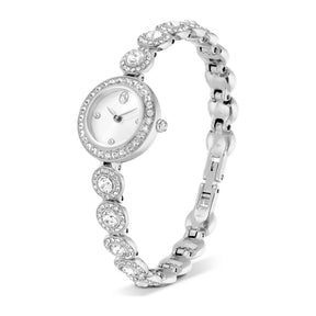 Swarovski hopeansävyinen rannekello, valkoinen kellotaulu ja säihkyvillä kristalleilla koristeltu ranneke flexing muodossa