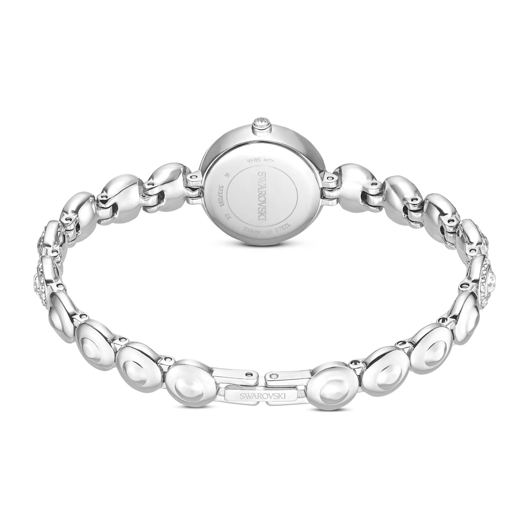Hopeansävyinen Swarovski-rannekello takaa nähtynä, pyöreä takakansi ja kristallein koristeltu metalliranneke