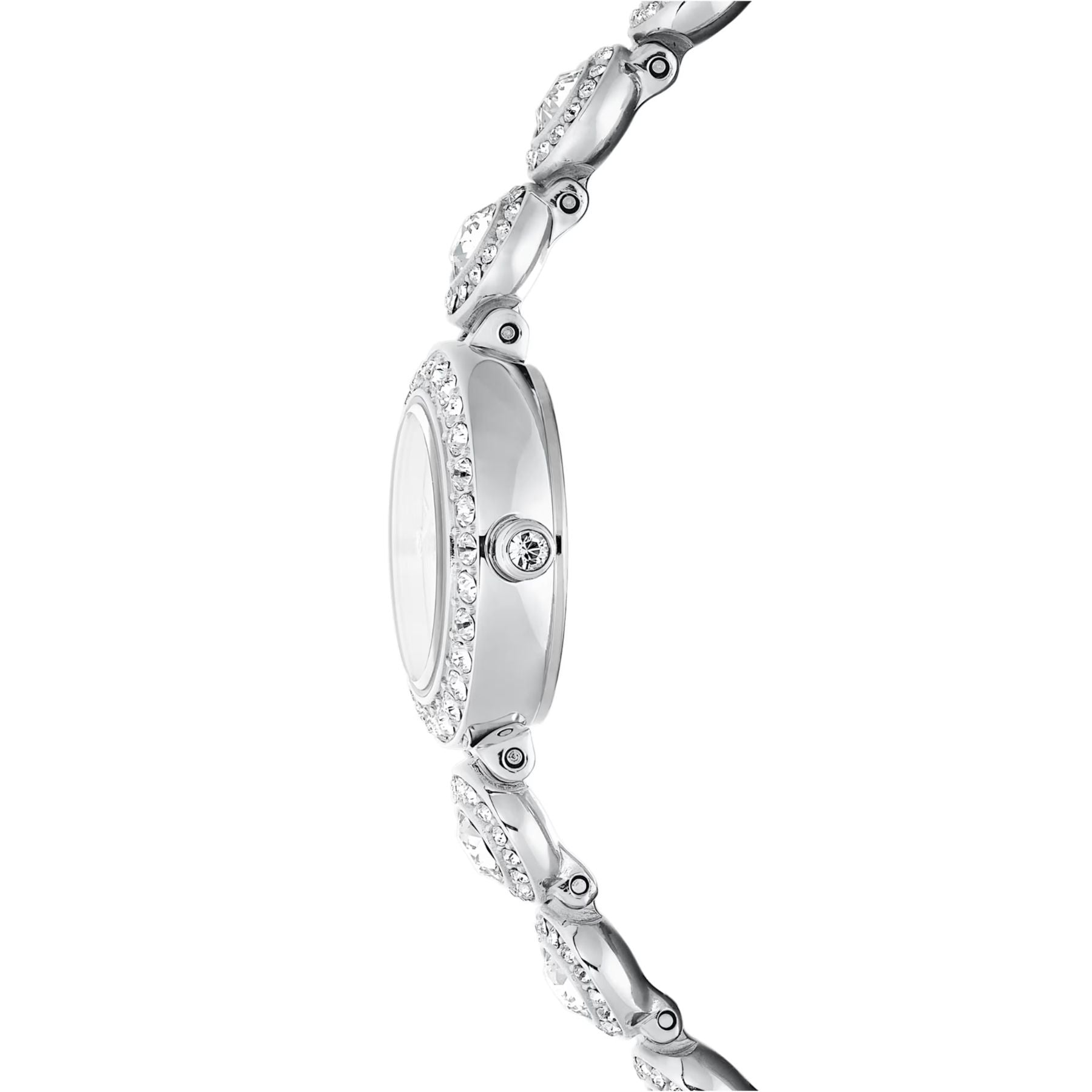 Swarovski hopeansävyinen rannekello sivuprofiilissa, kristallein koristeltu soikea kellotaulu ja säihkyvä kristalliranneke