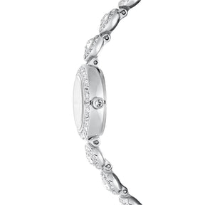 Swarovski hopeansävyinen rannekello sivuprofiilissa, kristallein koristeltu soikea kellotaulu ja säihkyvä kristalliranneke