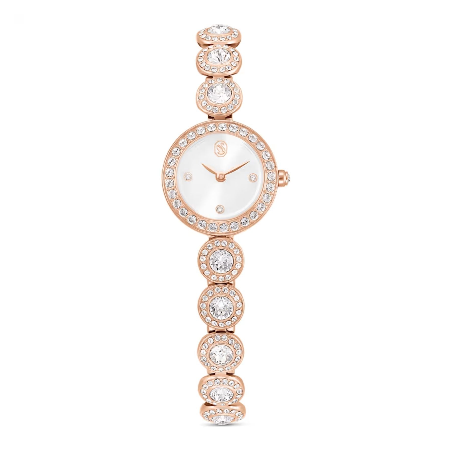 Swarovski rosekullattu rannekello, vaalea kellotaulu ja säihkyvillä kristalleilla koristeltu ranneke