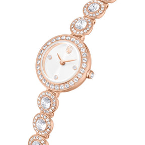Swarovski rosekullattu rannekello, valkoinen kellotaulu ja säihkyvillä kristalleilla koristeltu kellonkehys ja ranneke