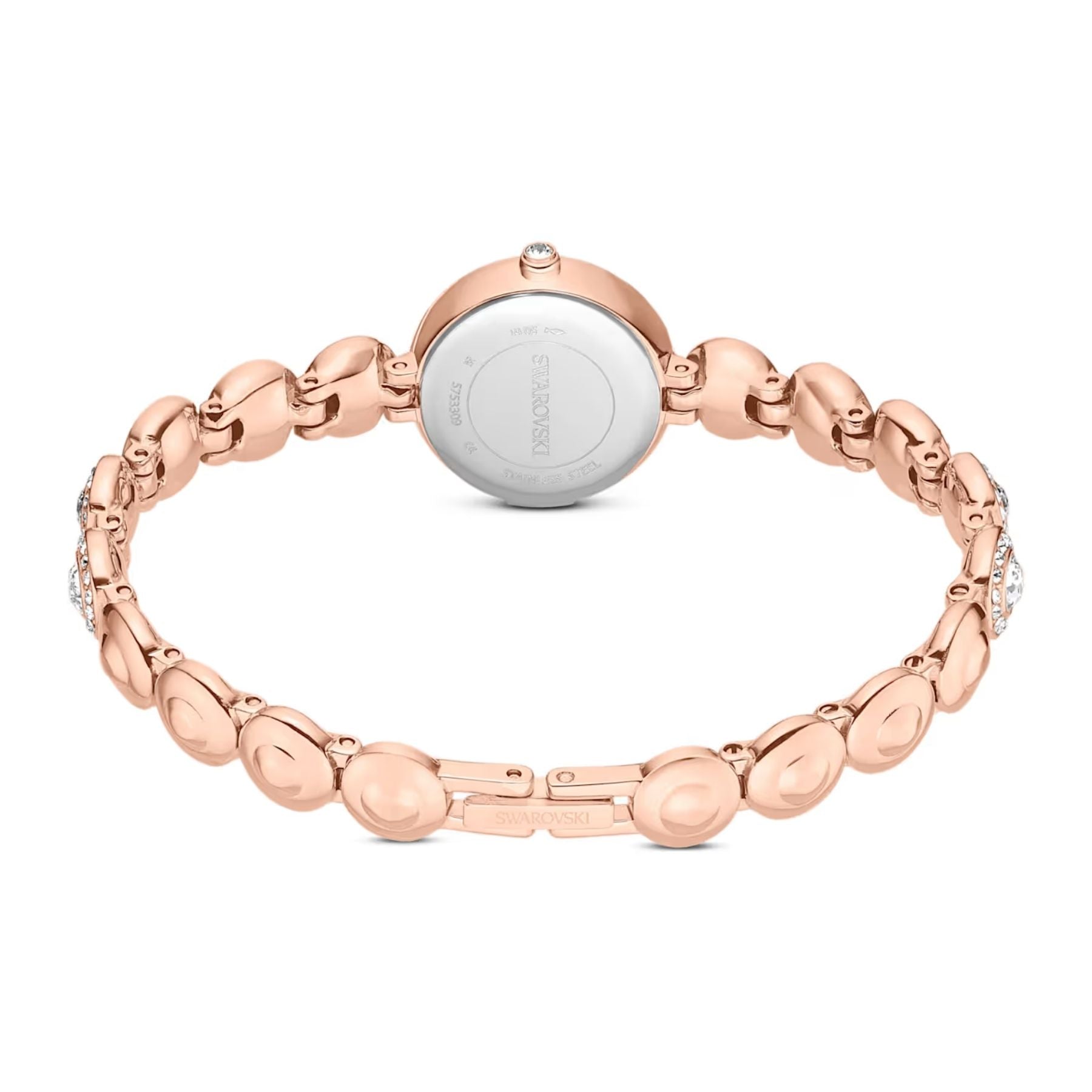 Swarovski rosekullattu rannekello takaa, kristallein koristeltu ranneke ja pyöreä kellon takakansi