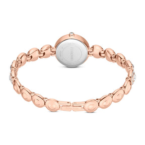 Swarovski rosekullattu rannekello takaa, kristallein koristeltu ranneke ja pyöreä kellon takakansi