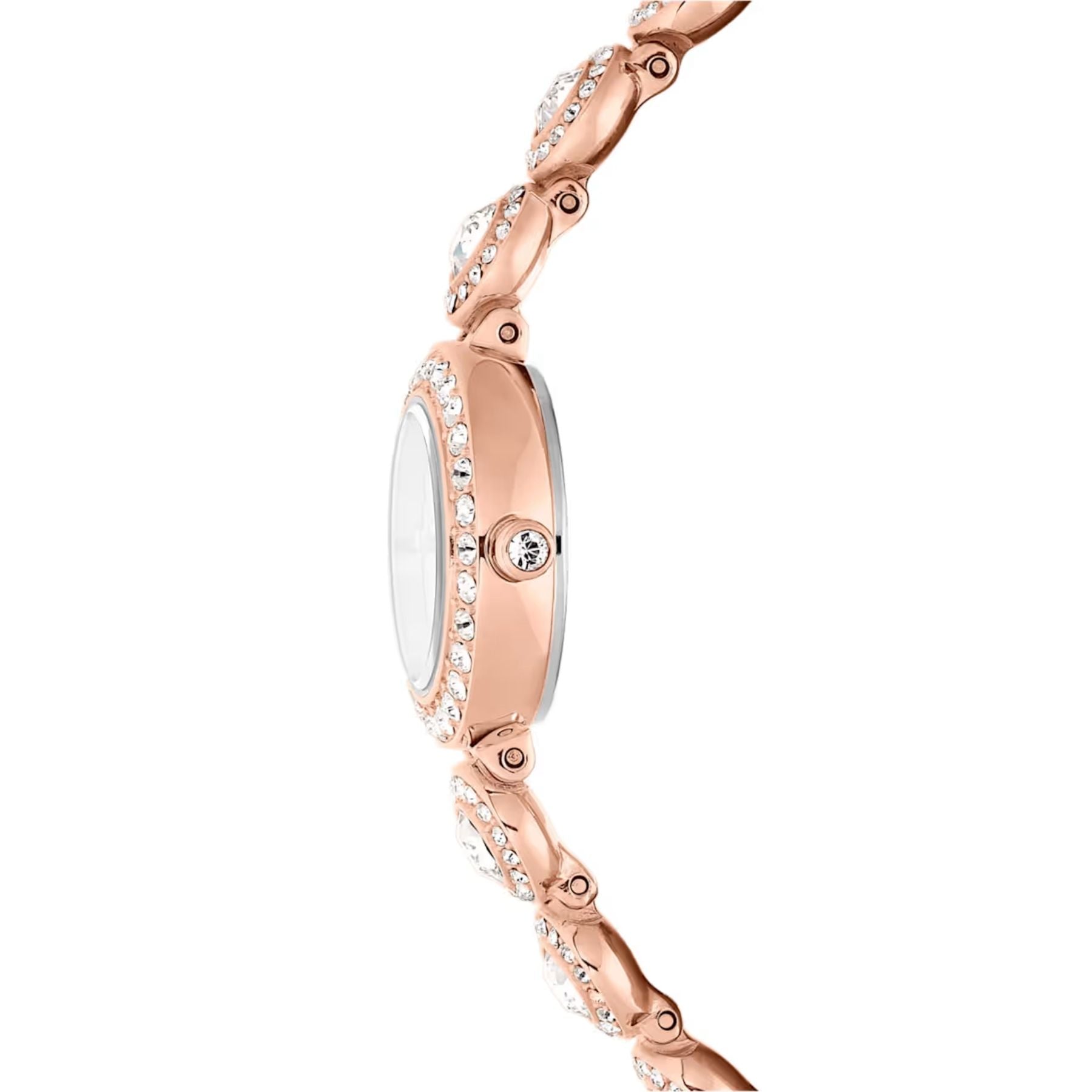 Swarovski rosekullattu rannekello sivuprofiilissa, kristallein koristeltu ohut kuori ja säihkyvä kristalliranneke.