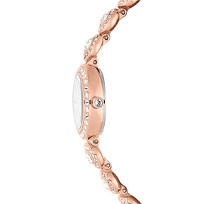 Swarovski rosekullattu rannekello sivuprofiilissa, kristallein koristeltu ohut kuori ja säihkyvä kristalliranneke.